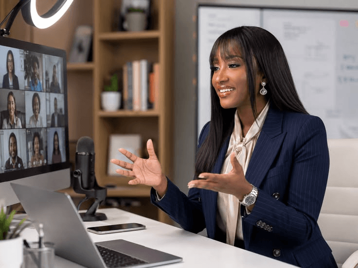 A creator teaching a live online class from her studio