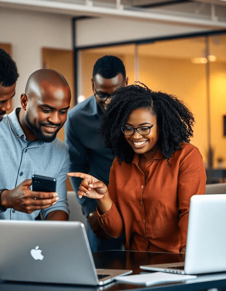 Three creators smiling at a sale on a phone